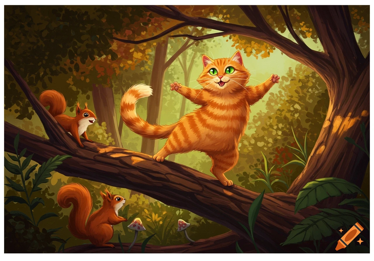 A cartoon orange tabby cat dances on a tree branch while two squirrels watch in a forest illustration.