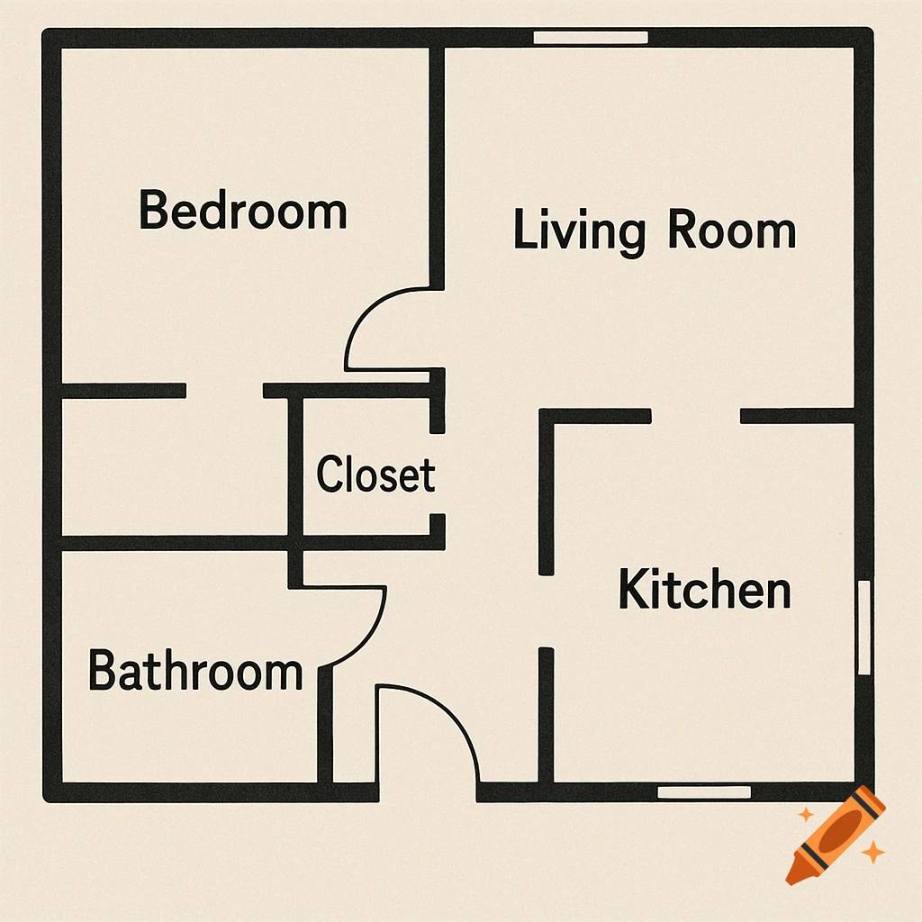 Black and white floor plan showing a bedroom, living room, kitchen, bathroom, and closet.