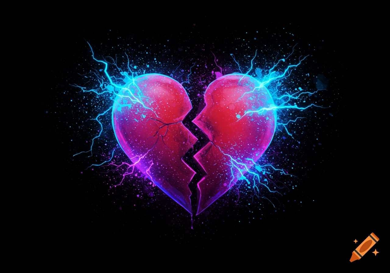 A broken heart with glowing pink and blue electric sparks on a black background