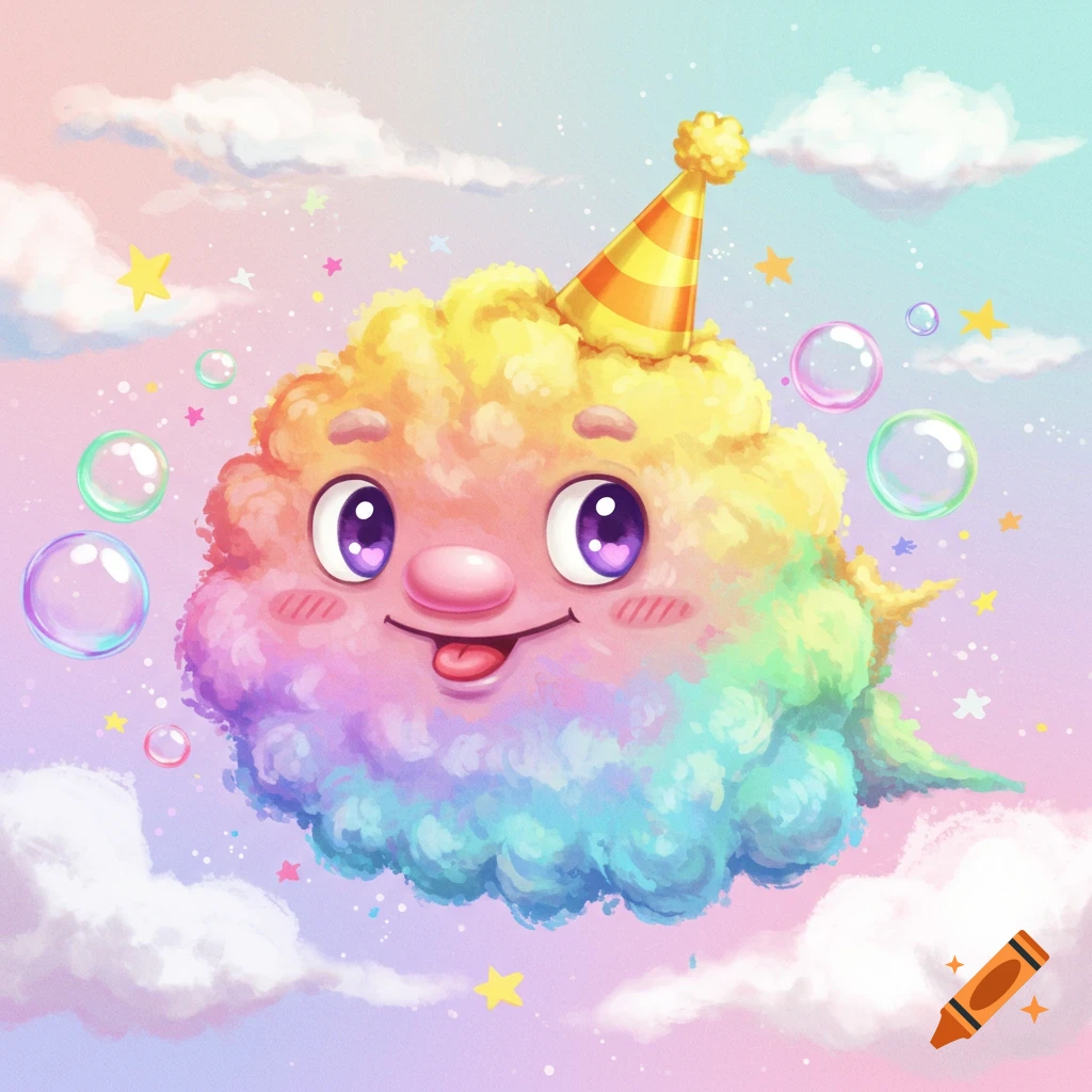 A cute rainbow cloud character wearing a party hat floats in a pastel sky with bubbles and stars.
