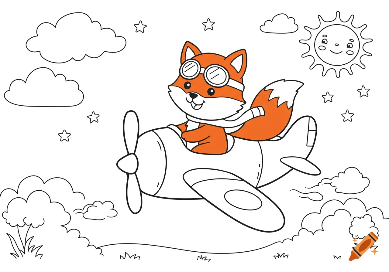 Cartoon coloring page of a cute fox flying an airplane.