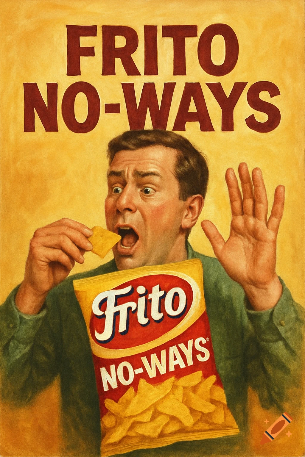 Painting of a man with a shocked expression eating a chip from a bag of 'Frito No-Ways' in an advertisement style.