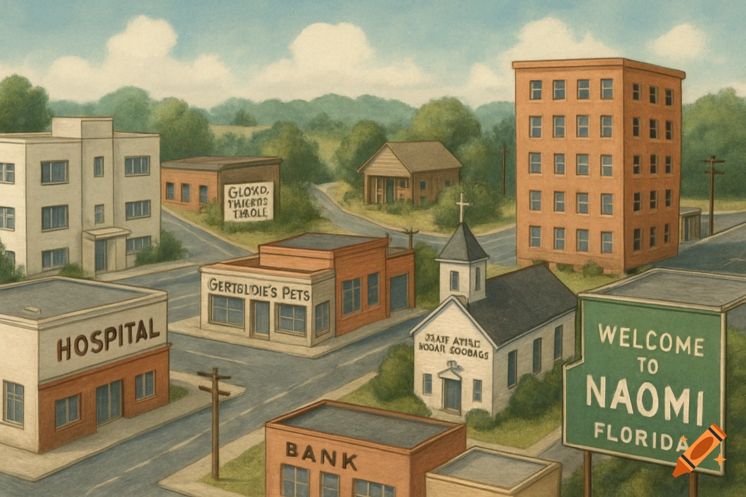 An illustration of a small town with a hospital, bank, church, pet store, and tall building. A sign welcomes visitors to Naomi, Florida.