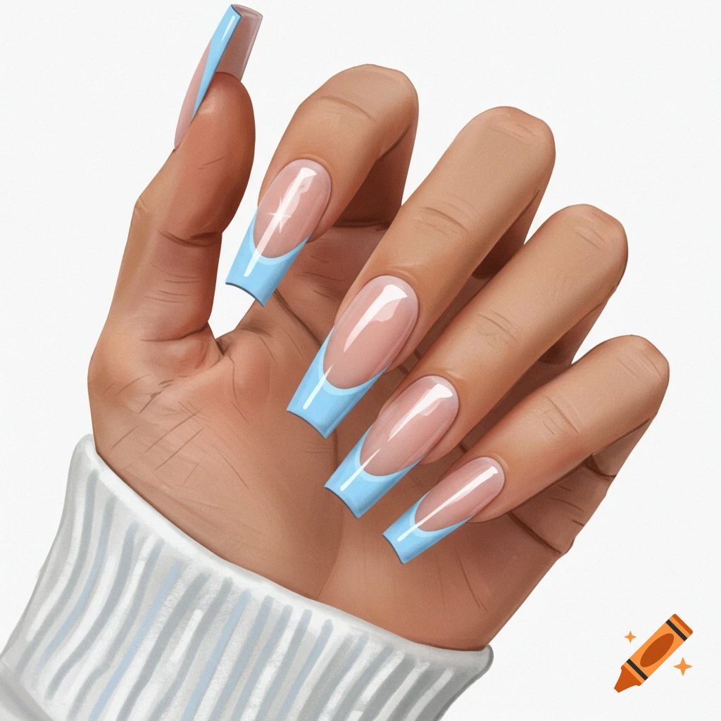 Hand with long square pastel blue French tip nails and white ribbed cuff.