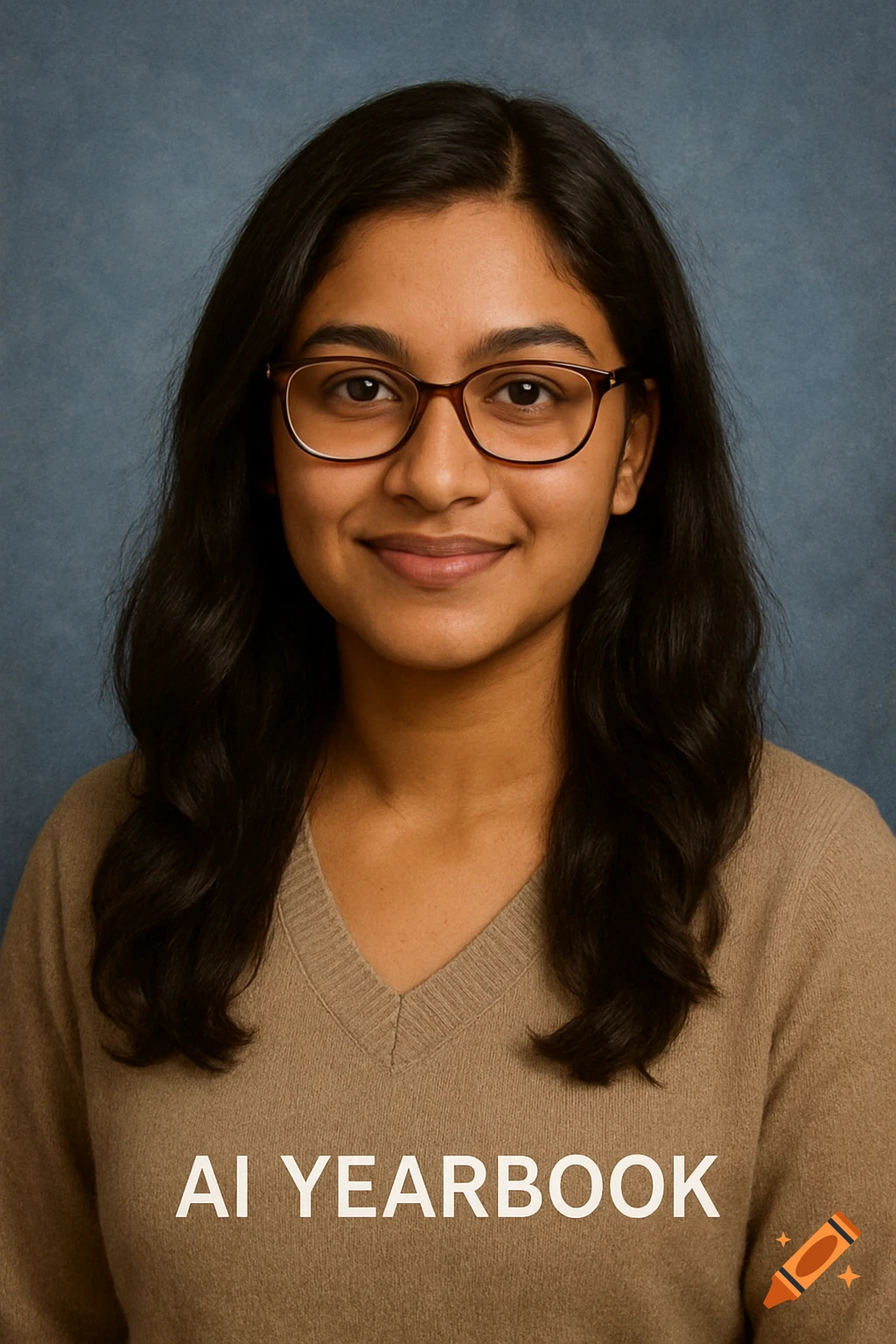 Portrait of a young woman wearing glasses and a tan sweater against a blue background, with 'AI YEARBOOK' text at the bottom.