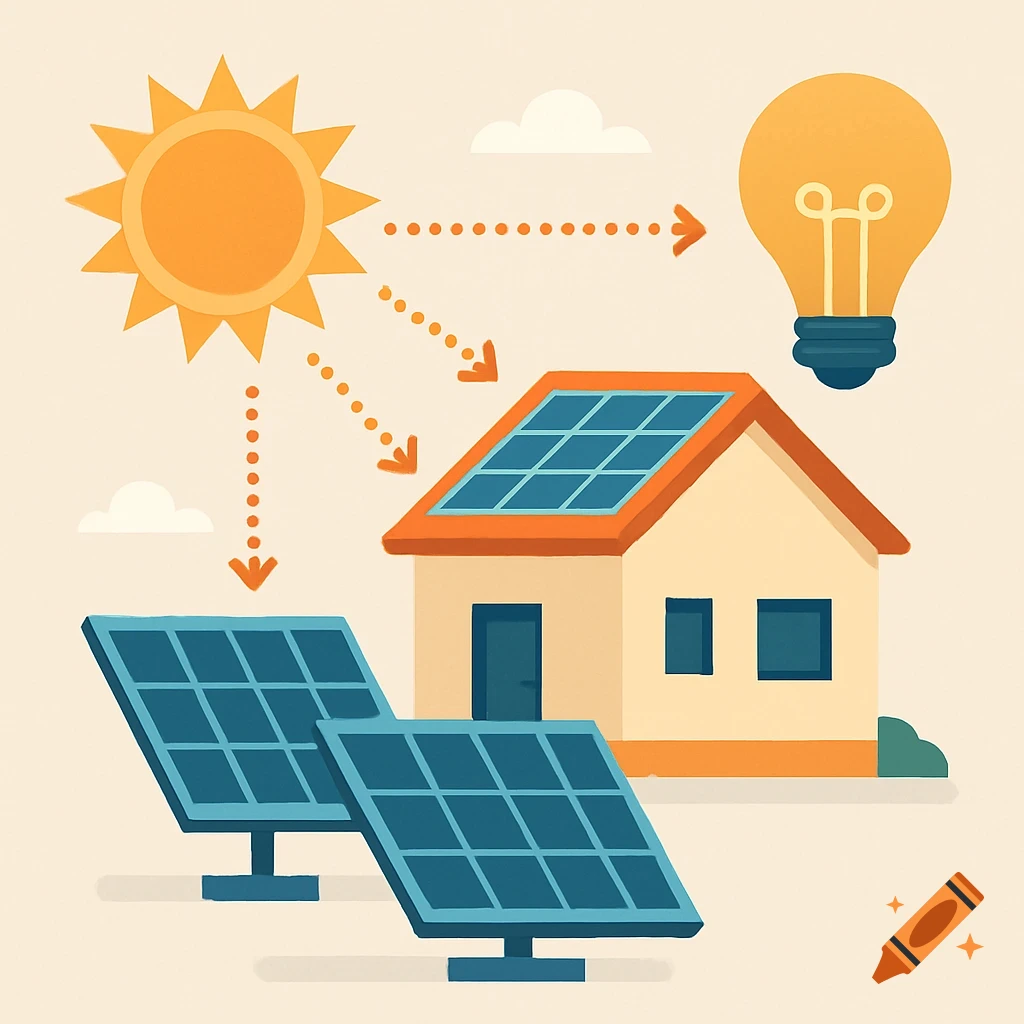 Illustration of sun shining on solar panels powering a house and lightbulb