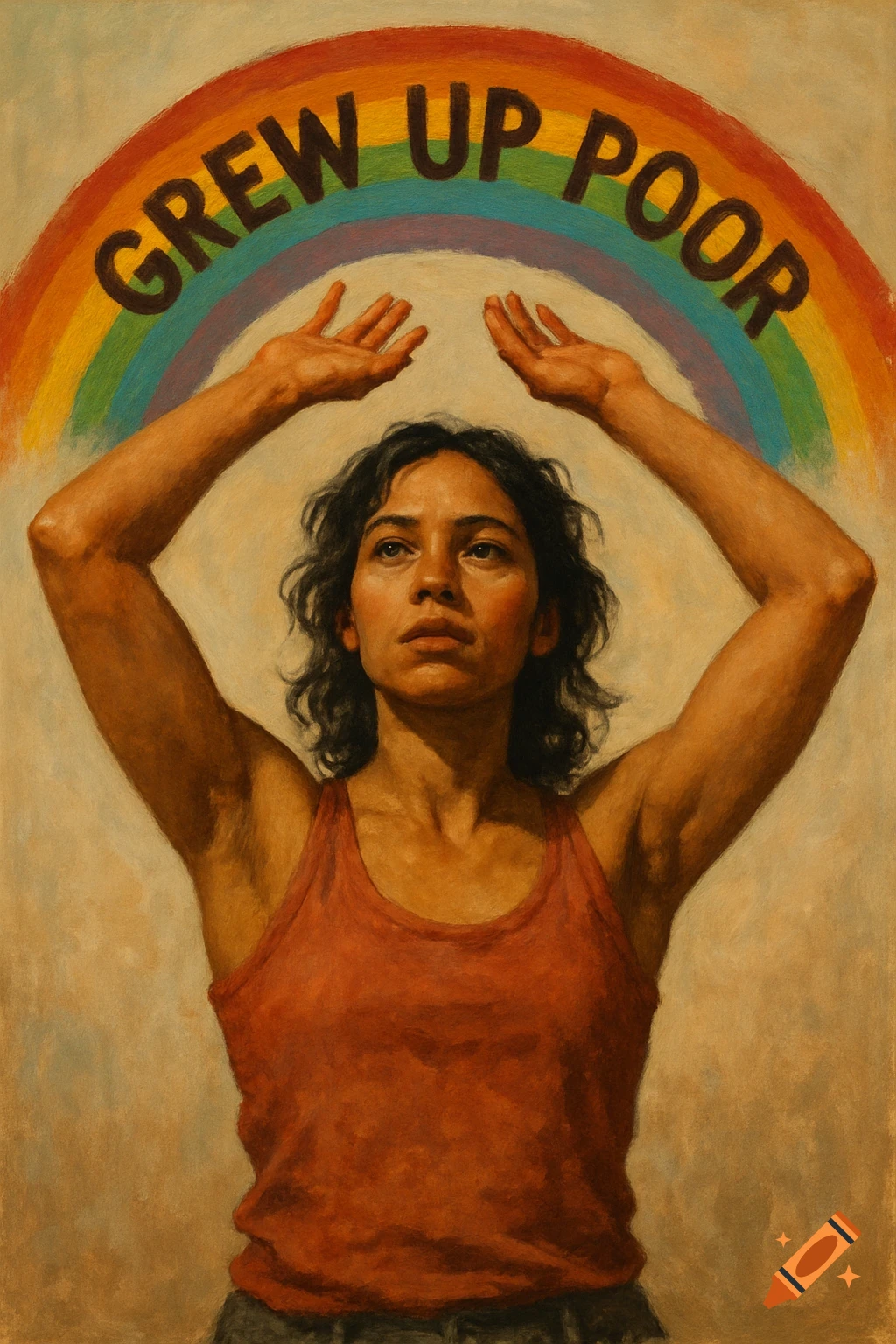Painting of a woman raising her arms under a rainbow with the text GREW UP POOR.