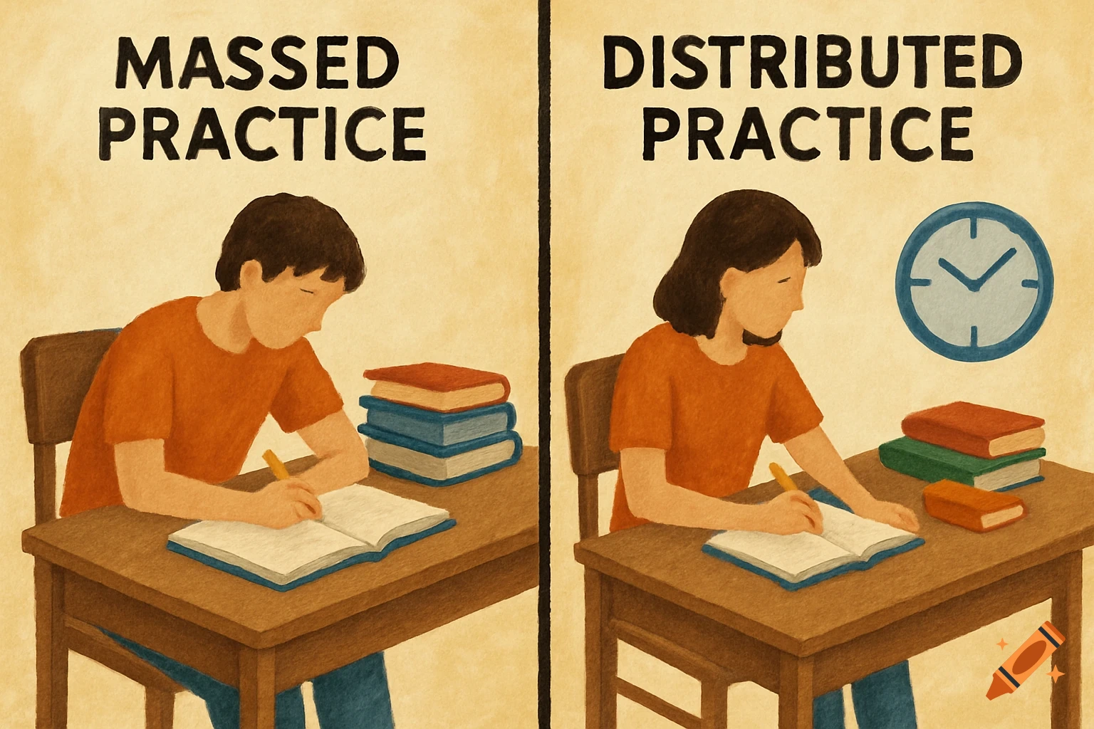 Illustration comparing massed and distributed practice, showing students studying at desks with text labels.