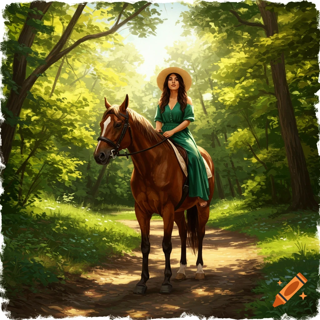 Woman riding a horse on a forest path