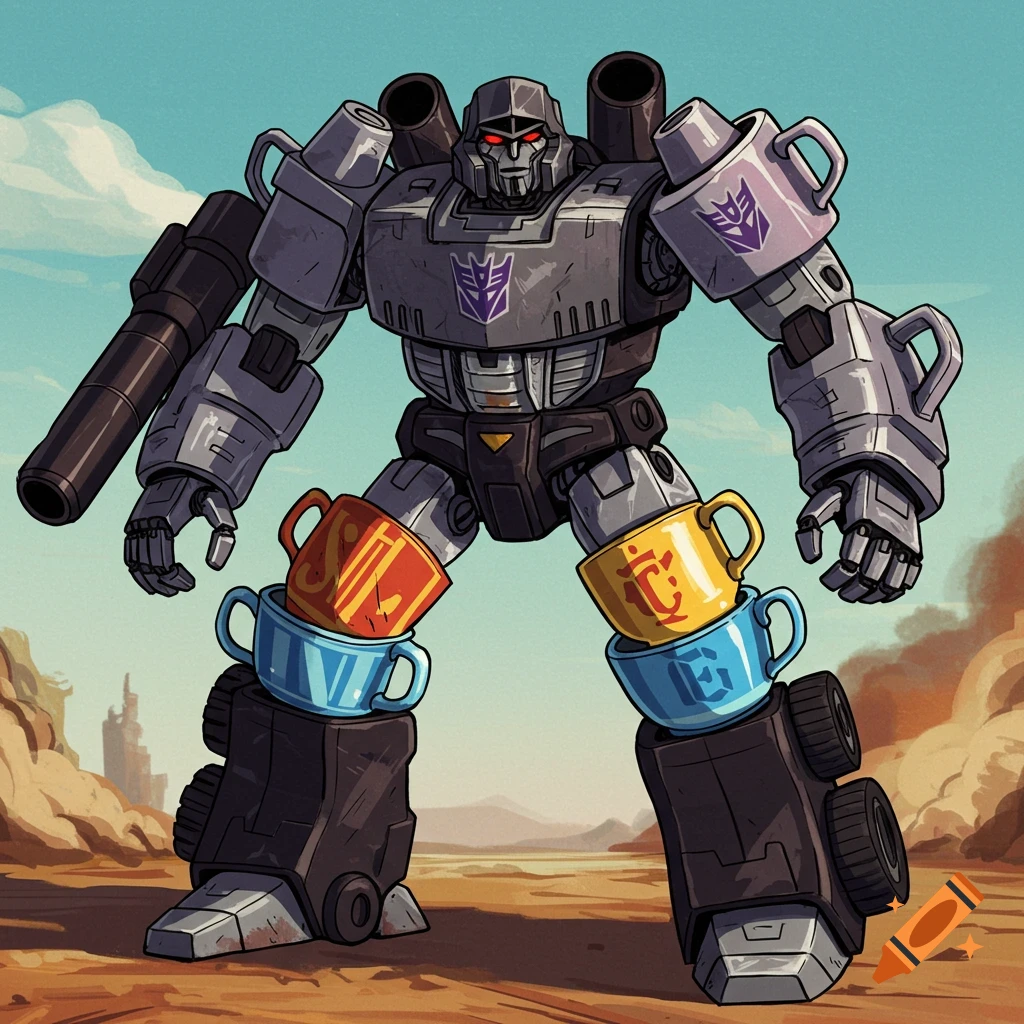 Cartoon illustration of a robot resembling Megatron made of mugs standing in a desert.