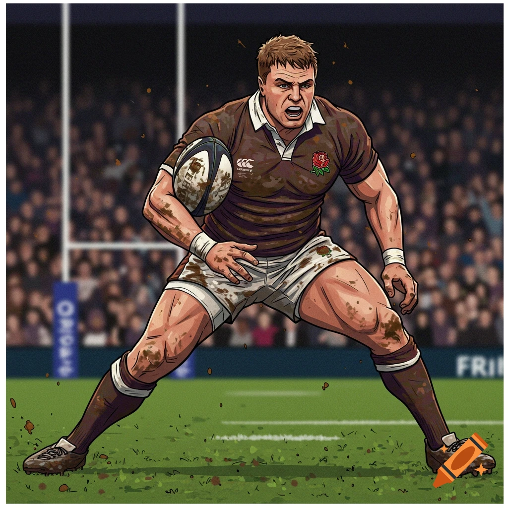 Illustration of a muddy rugby player holding a ball on a field during a game.