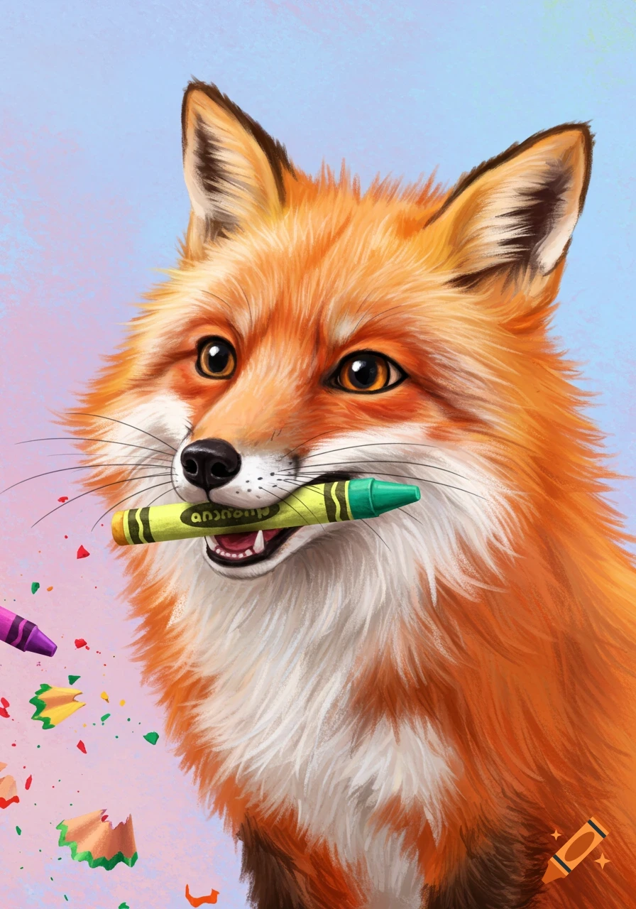 Close-up of a cartoonish fox holding a yellow crayon in its mouth, digital illustration.