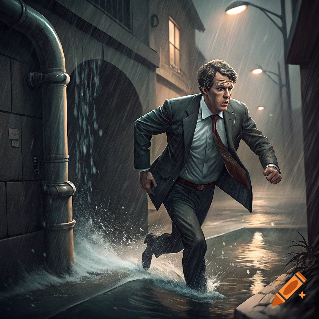 A man in a suit runs through deep water in a rainy alley.