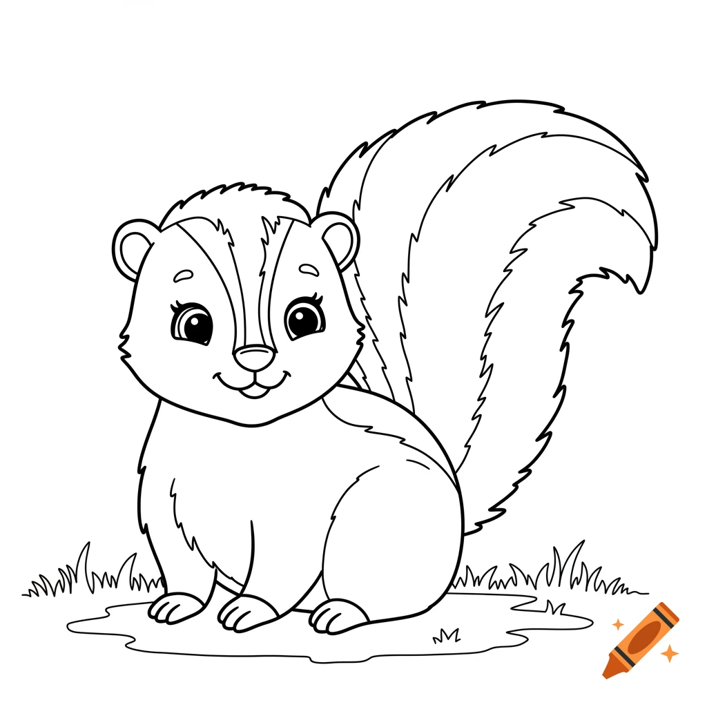 Black and white coloring page illustration of a cute cartoon skunk sitting in grass.