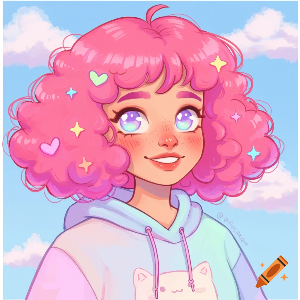Cute illustration of a person with pink curly hair, big bright eyes, freckles, wearing a pastel hoodie with a cat design against a sky backdrop.