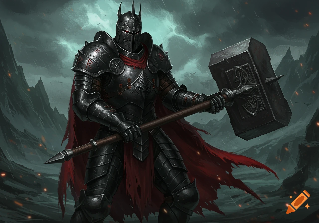 A dark fantasy knight in full black armor holds a massive war hammer under a stormy sky.