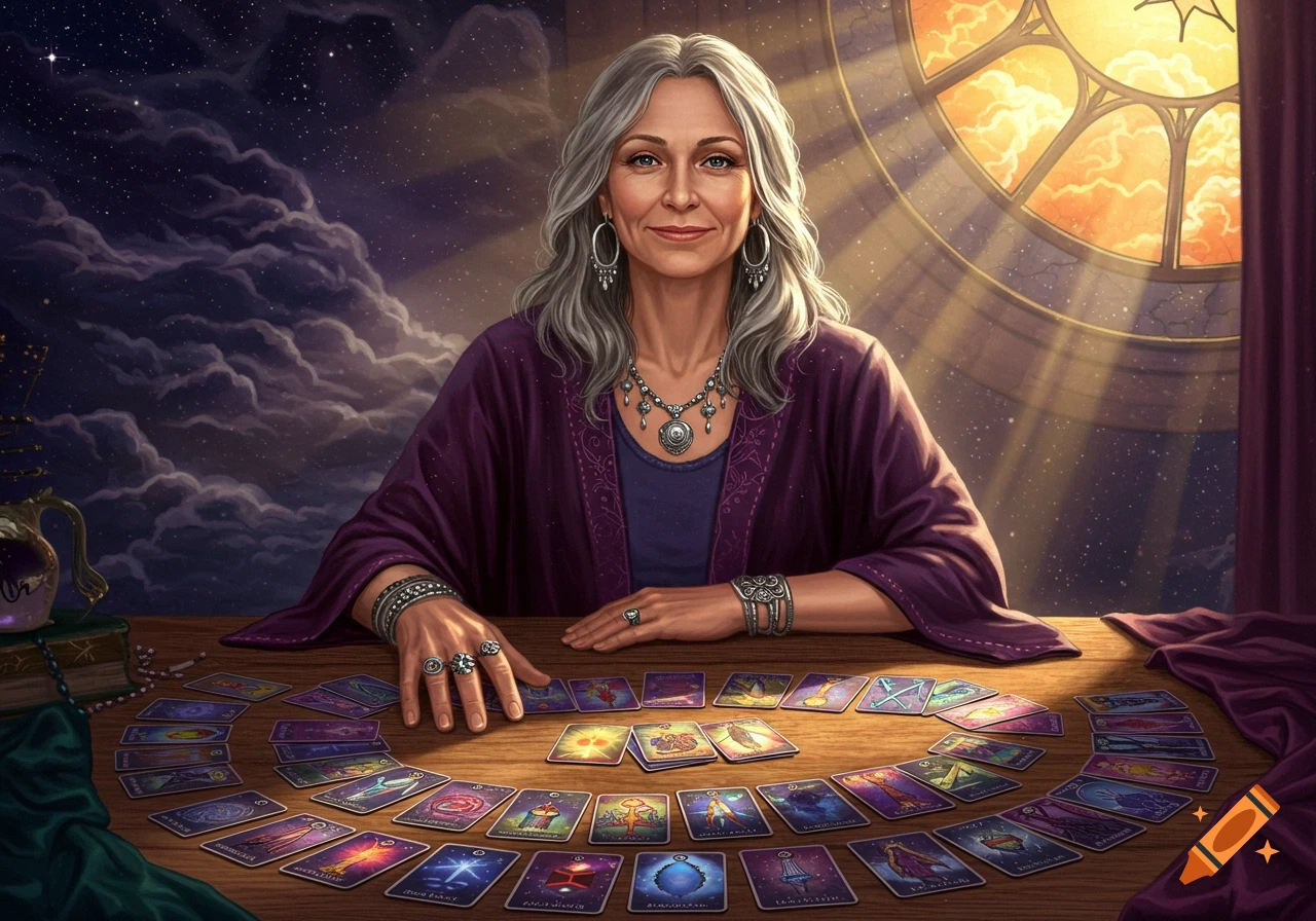 A grey-haired woman in purple robes reads tarot cards on a table under a starry sky.