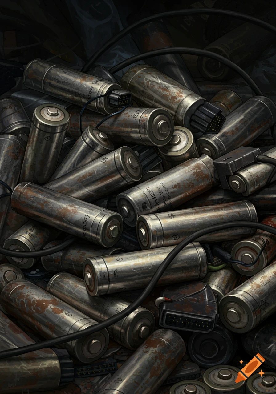 A detailed depiction of a large pile of dirty, corroded batteries and electronic connectors.