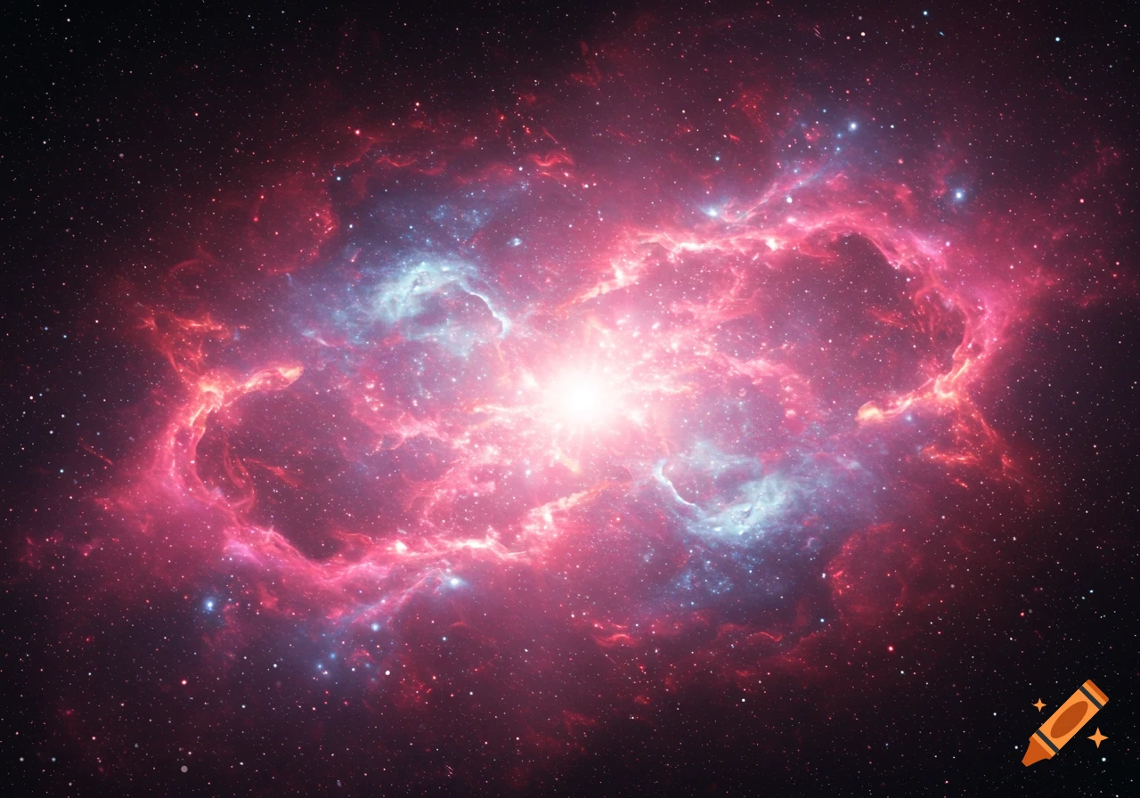 Bright pink and purple nebula swirls among distant stars in space.