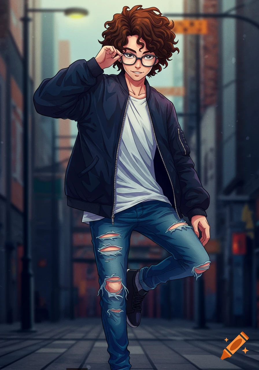 Anime illustration of a young man with curly hair and glasses in a bomber jacket and ripped jeans on a city street.