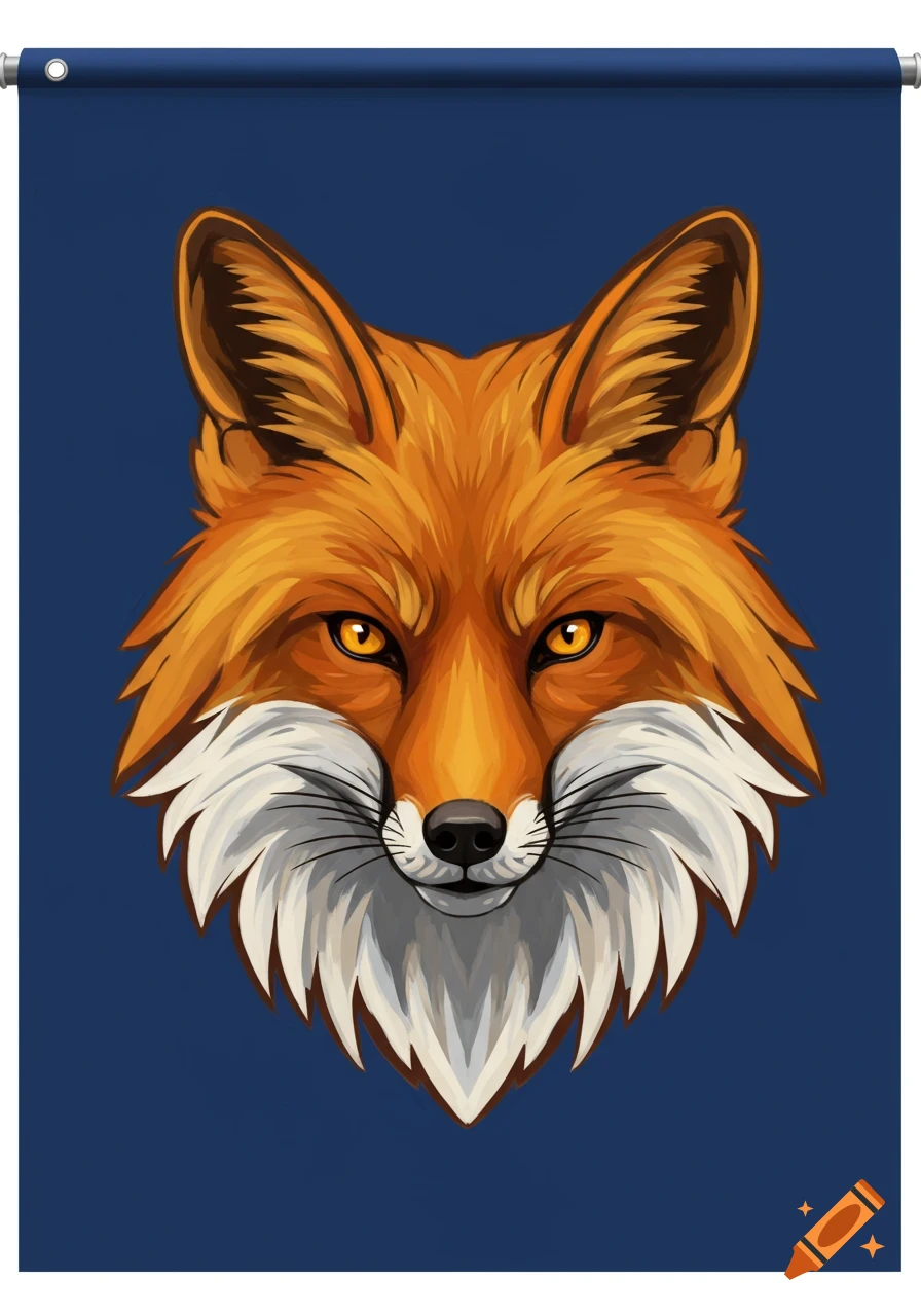 Illustration of a fox head on a blue background with a banner pole at the top.