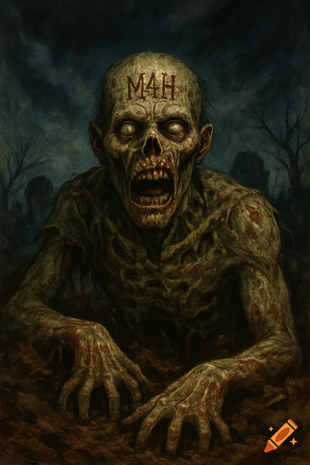 A zombie rising from the dirt in a graveyard with M4H stamped on its forehead, in a dark, creepy art style.