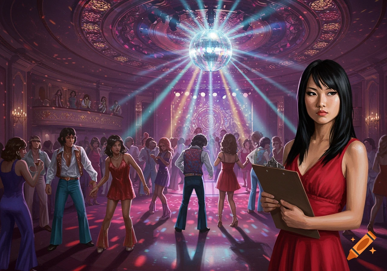 Illustration of a crowded disco dance party in a ballroom with a large mirror ball and a woman holding a clipboard in the foreground.