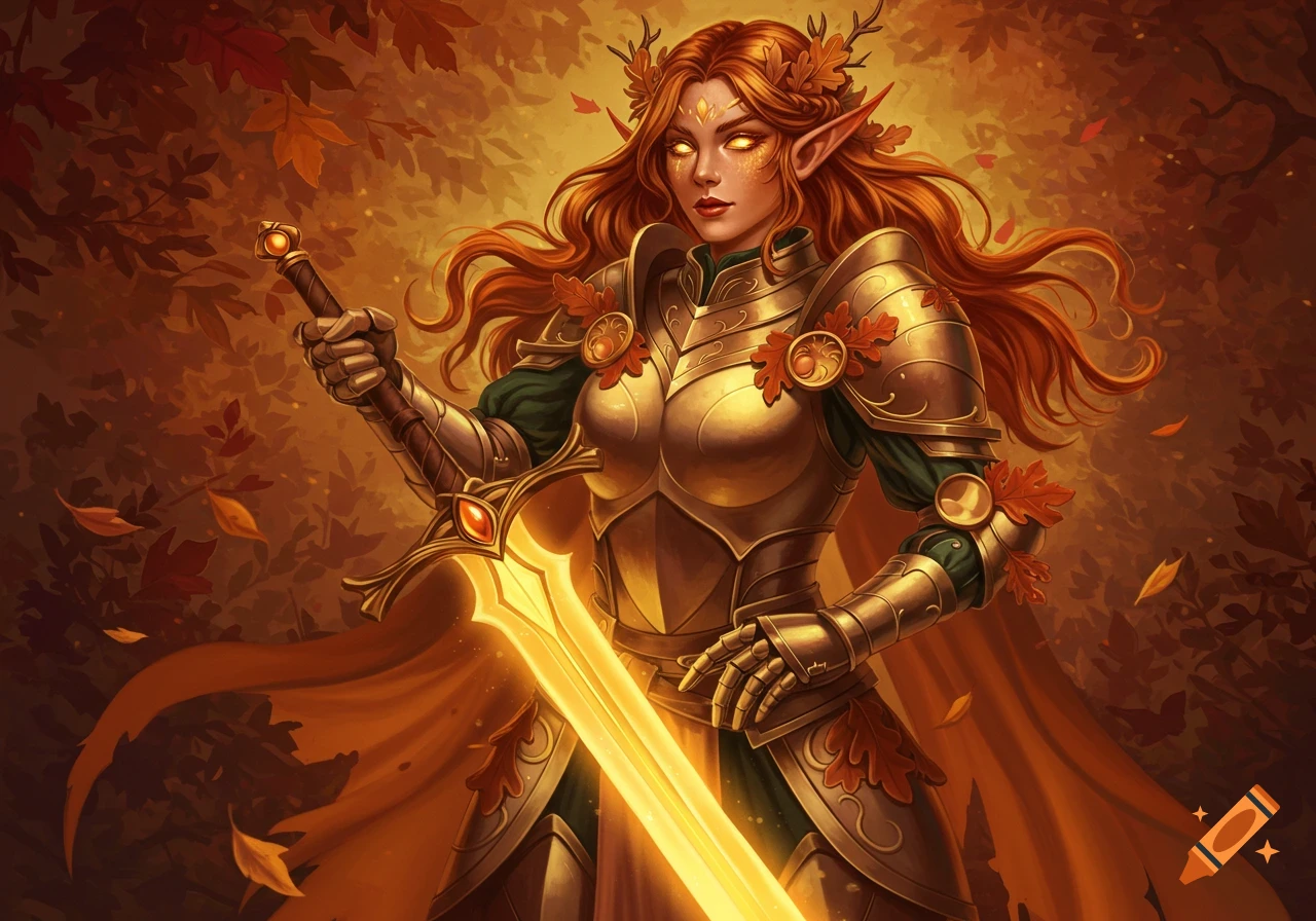 Autumn elf paladin in golden armor holds a glowing sword in a forest.