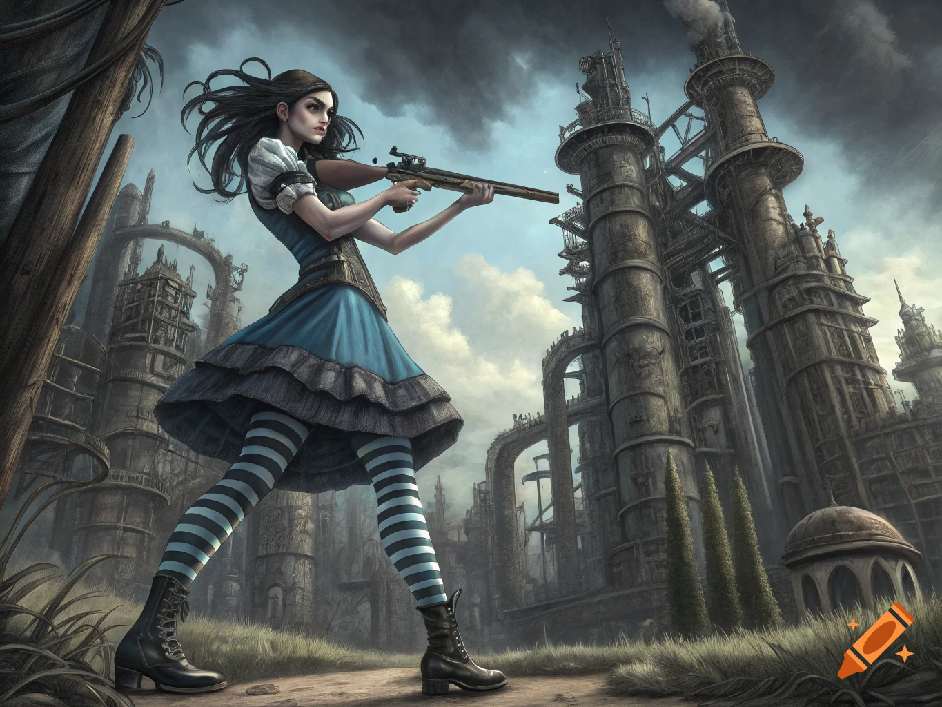 Alice with a shotgun in a dark, stylized steampunk industrial landscape.