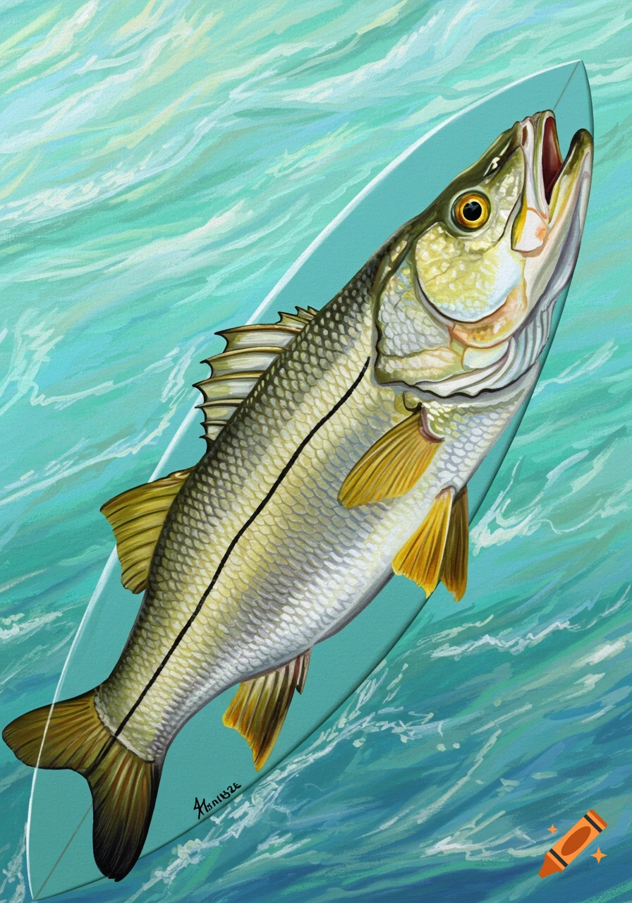 An illustrative painting of a snook fish on a surfboard in the water.