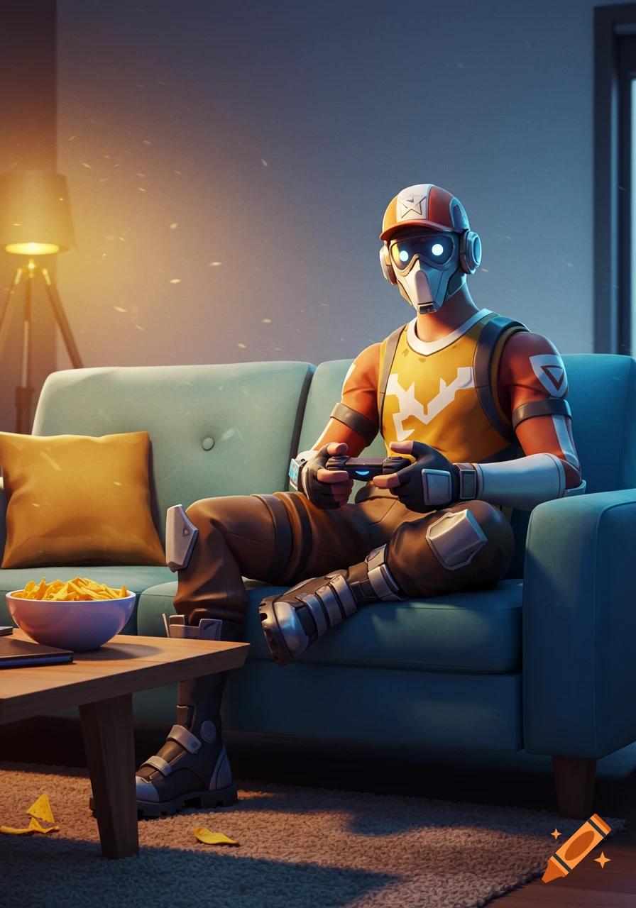 Fortnite character sitting on a couch playing video games with a bowl of chips nearby.