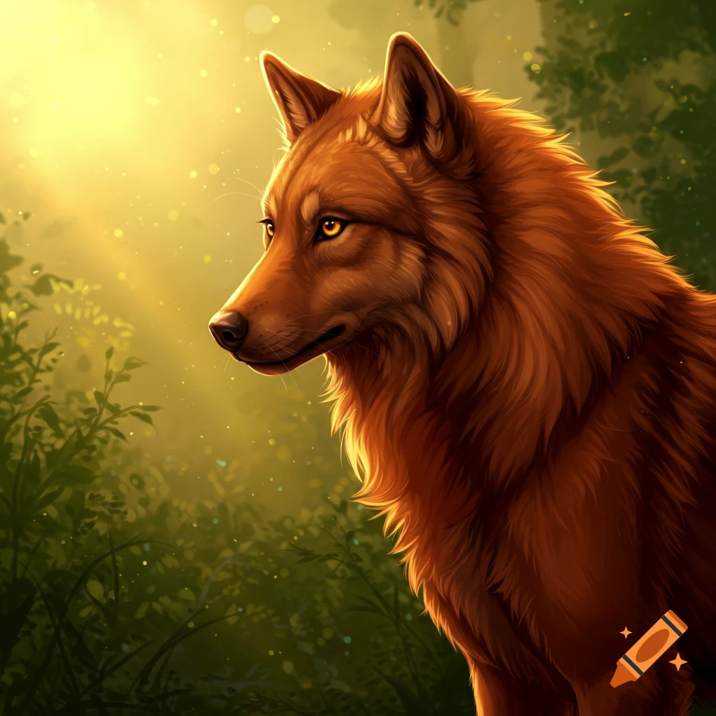 Chestnut wolf in a sunlit forest