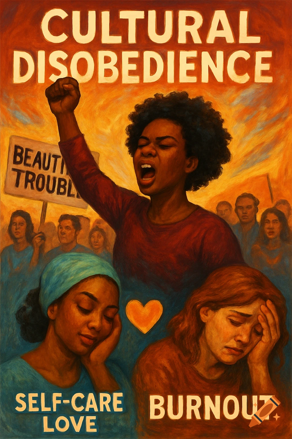 Painting of people with text 'CULTURAL DISOBEDIENCE'. A person shouts with raised fist; others represent self-care and burnout.