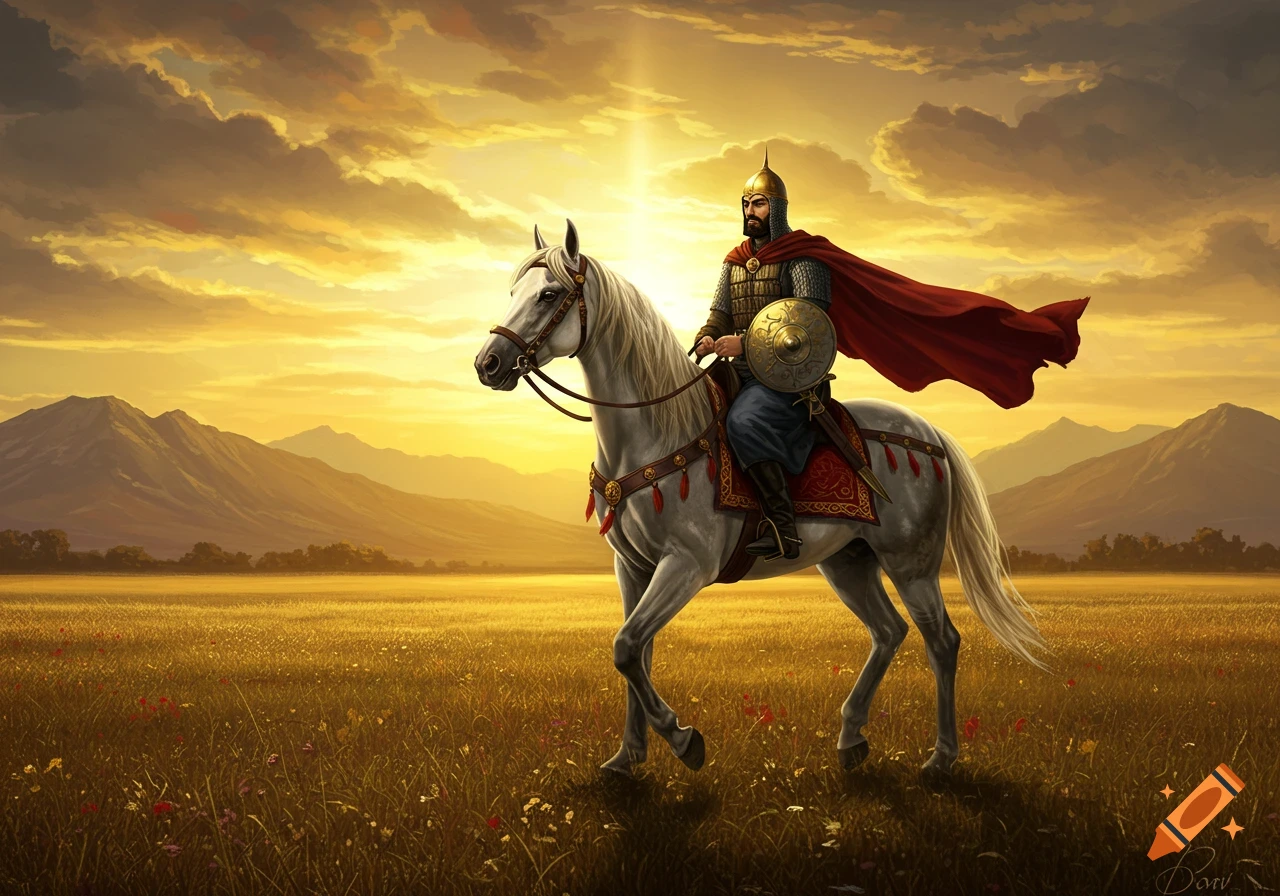 Digital painting of a warrior on a white horse in a sunlit field