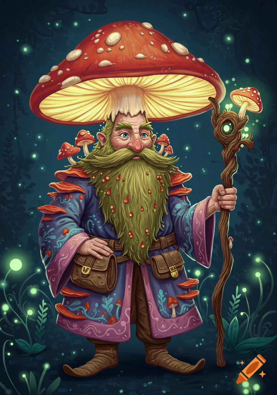 A fantasy illustration of a mushroom wizard in a forest with glowing plants.