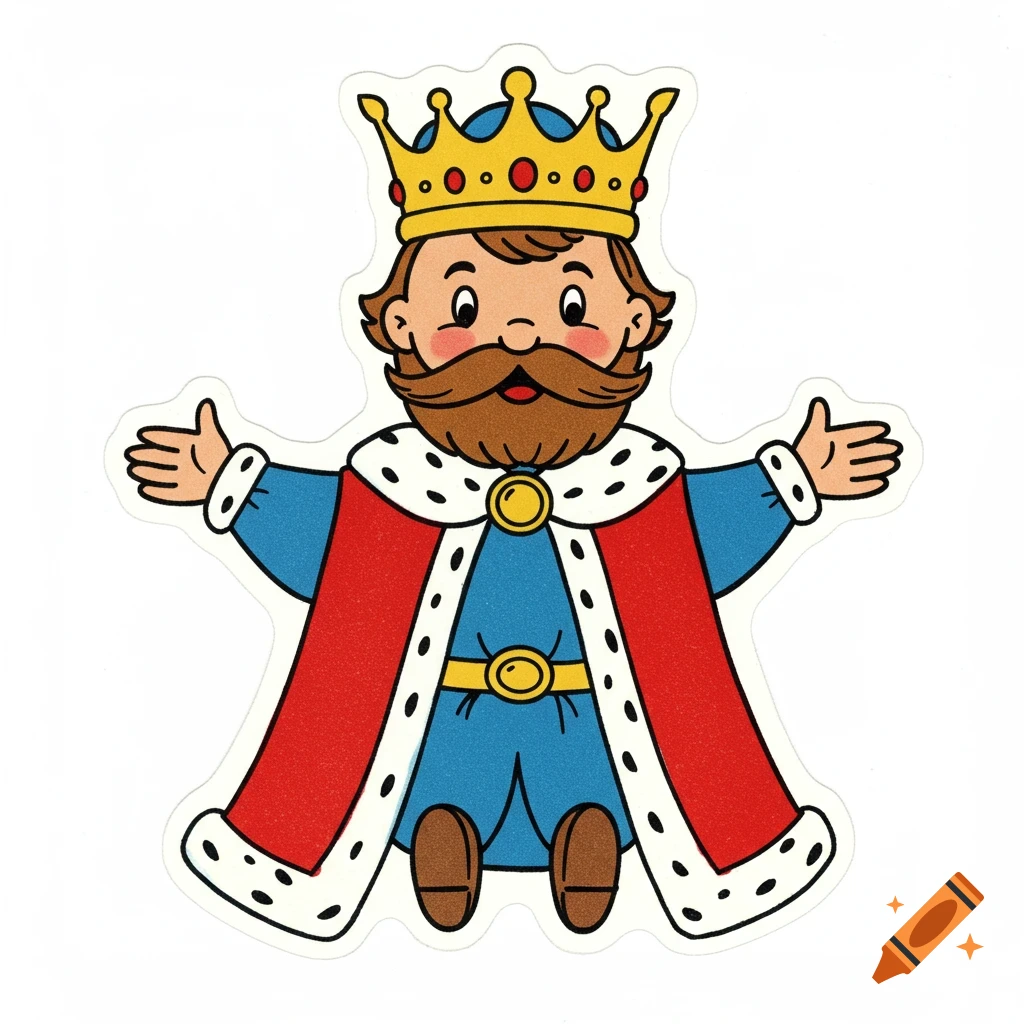 Cartoon illustration of a king with a crown, beard, and royal robe, arms outstretched.