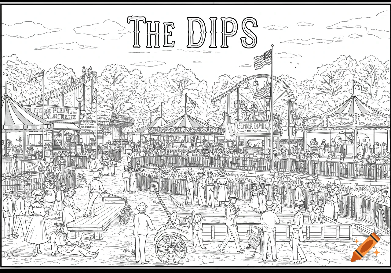 Black outline drawing of a historical amusement park scene with crowds, rides, and tents.