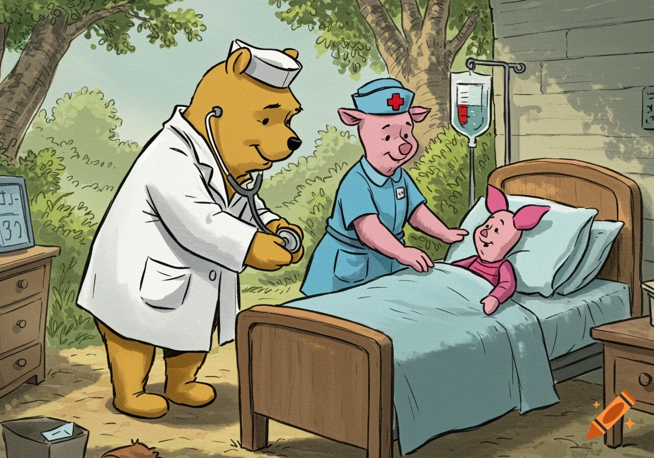 Cartoon illustration of Winnie the Pooh as a doctor examining Piglet in a hospital bed with Piglet as a nurse nearby.