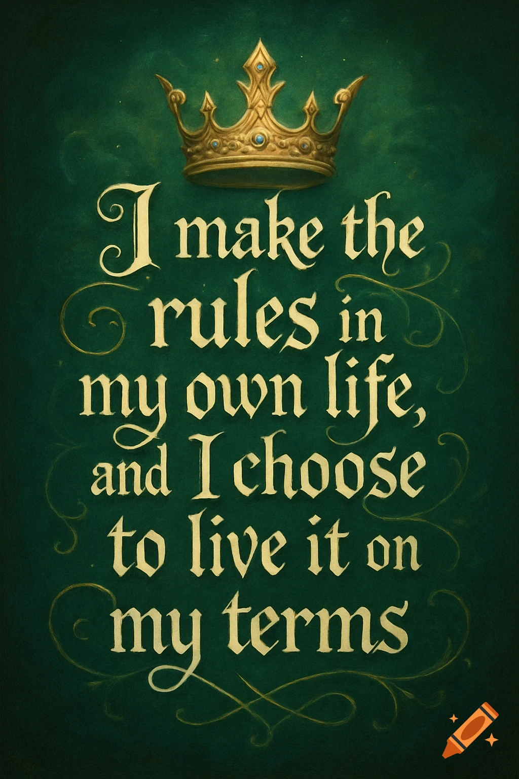 Golden crown above text on a green background. The text reads: I make the rules in my own life, and I choose to live it on my terms. Fantasy style.