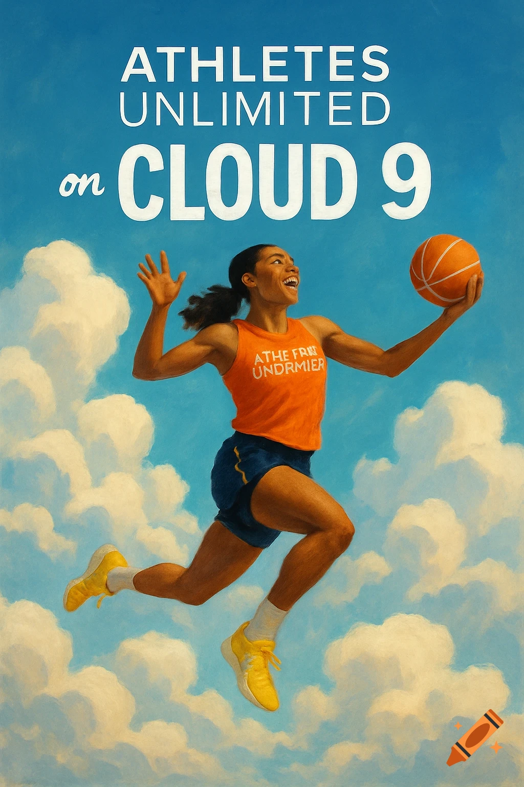 Female basketball player leaping among clouds with text 'ATHLETES UNLIMITED on CLOUD 9' above. Stylized poster art.