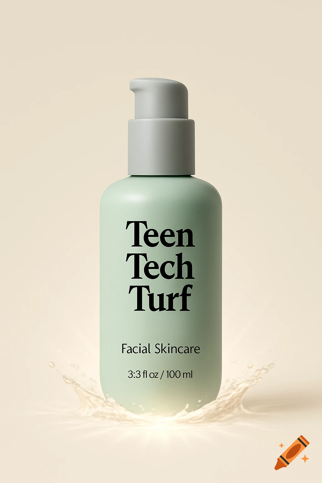 Minimalist studio shot of a light green skincare bottle with a grey pump, showing the label 'Teen Tech Turf Facial Skincare', with a splash effect at the base.