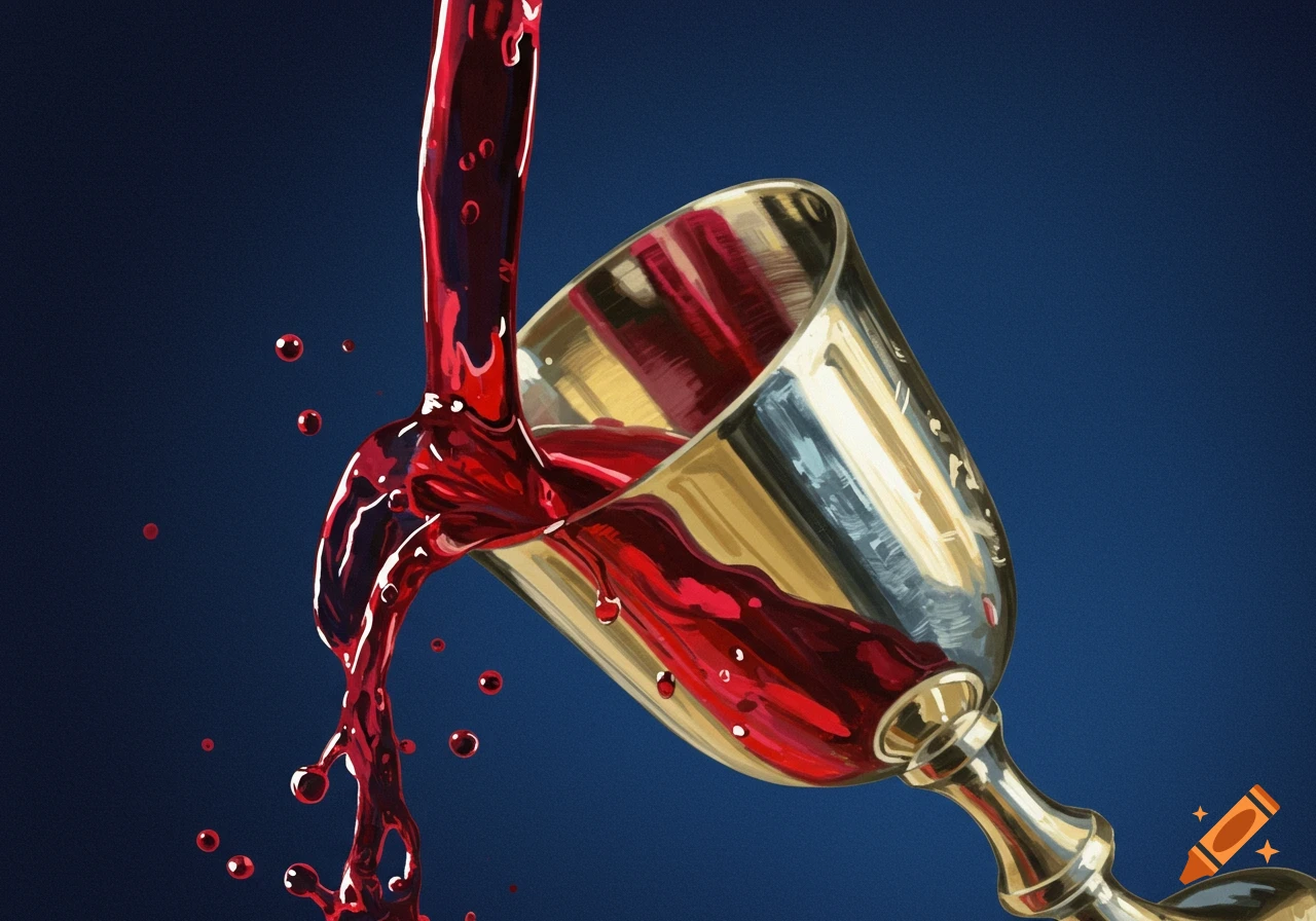 Red wine pours into a silver chalice, splashes surround it. Digital illustration.