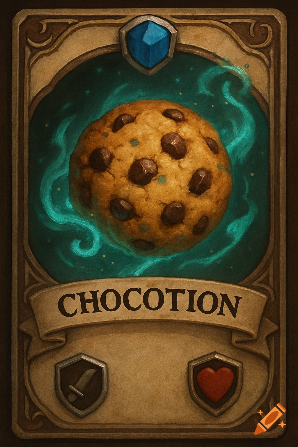 A fantasy trading card with a chocolate chip cookie floating above a banner that reads "CHOCOTION".
