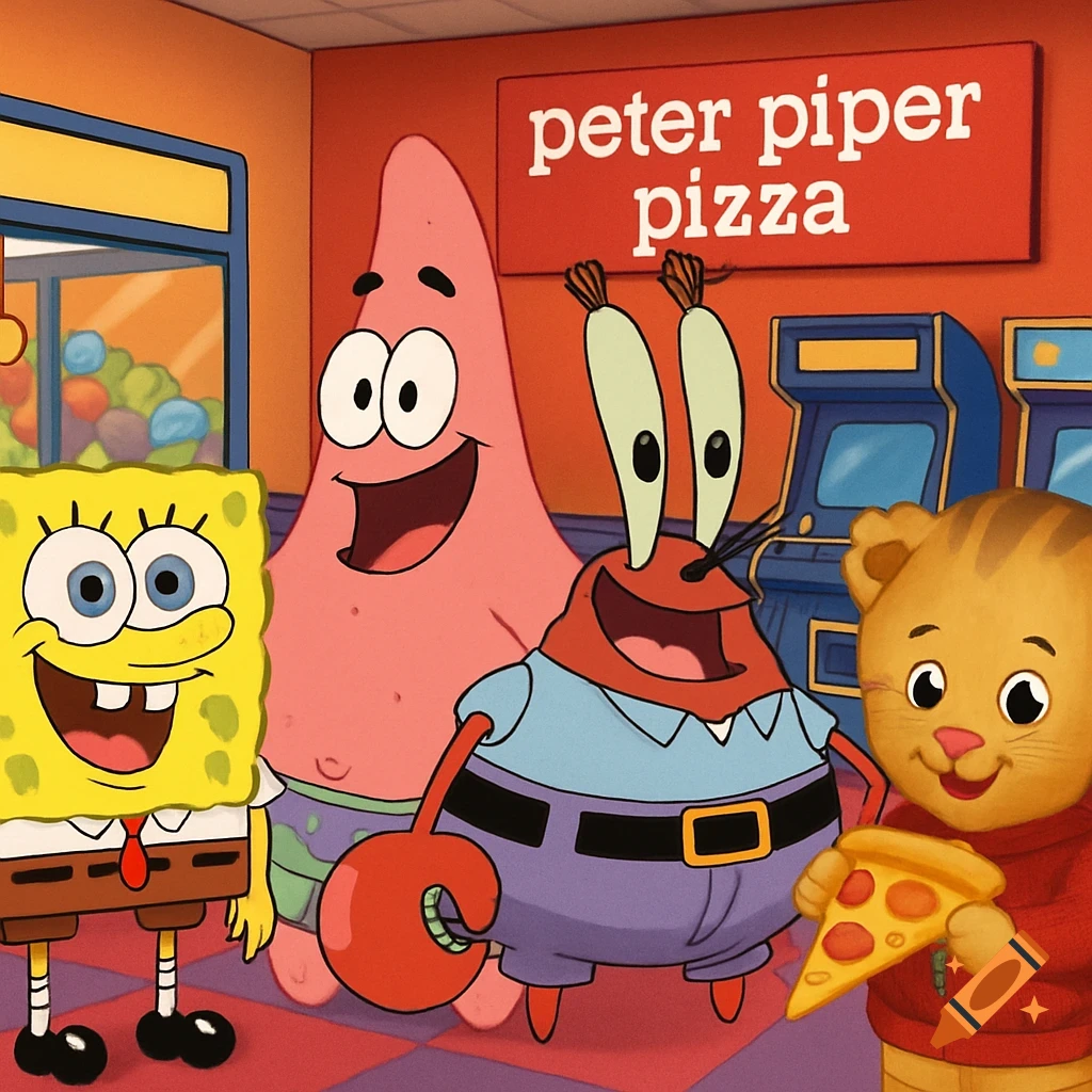 SpongeBob, Patrick, Mr. Krabs, and Daniel Tiger stand in a Peter Piper Pizza restaurant, Daniel Tiger holds a slice.