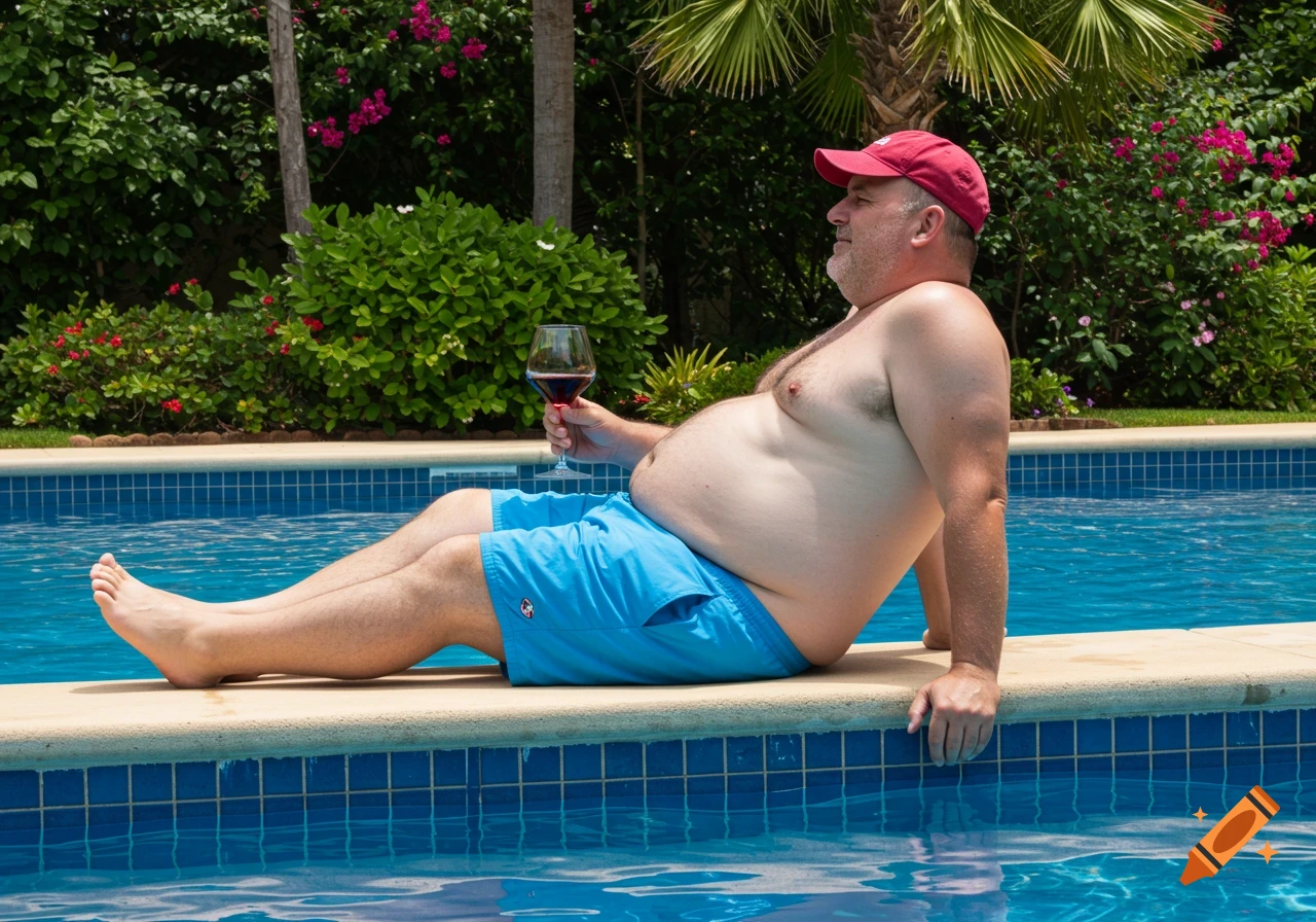 A middle-aged man in swim trunks and a baseball cap relaxes by a pool, holding a glass of red wine.