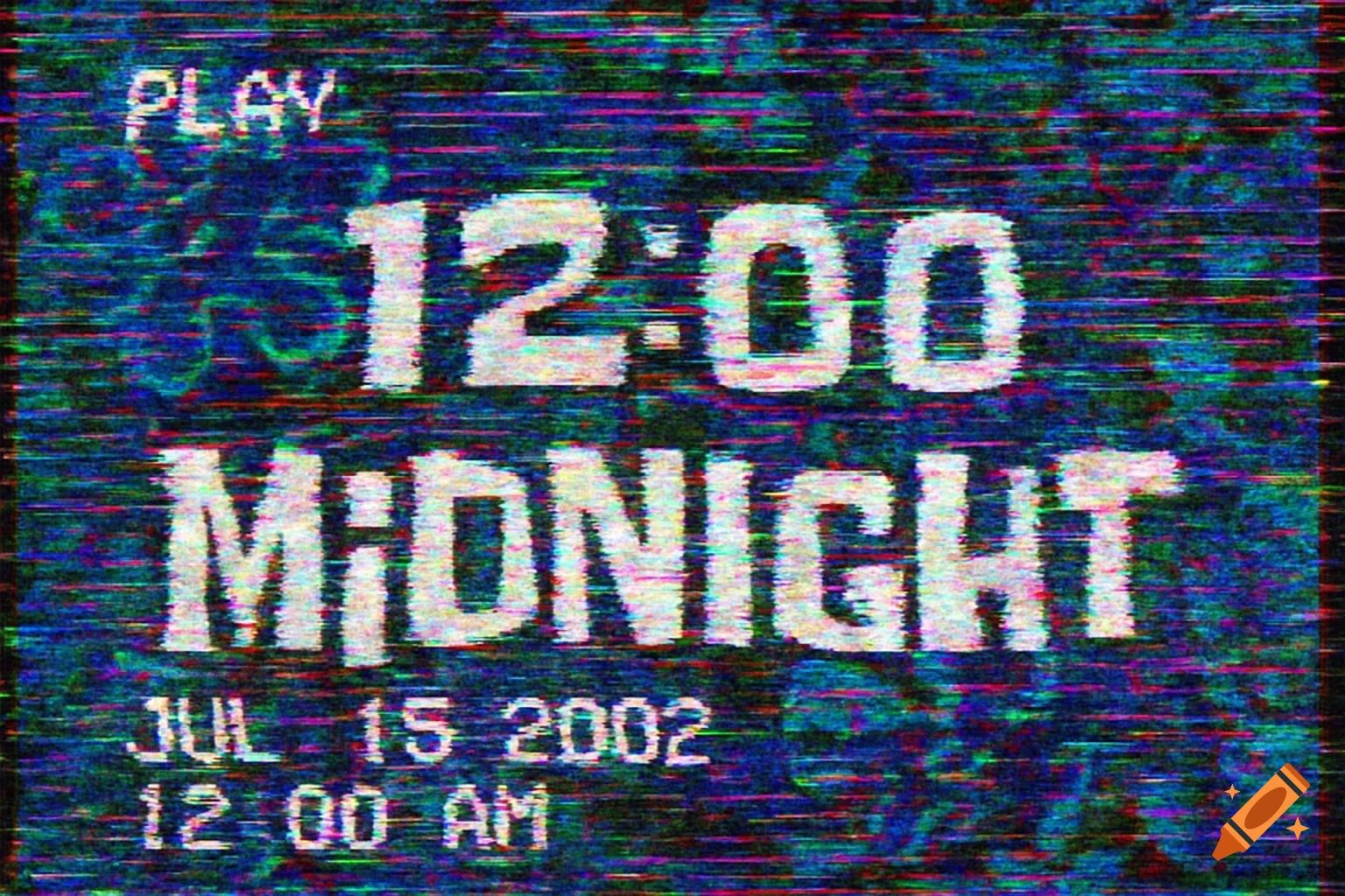 A glitched, retro-style time card with text 'PLAY 12:00 MI:DNIGHT JUL 15 2002 12 00 AM' and heavy VHS artifacts.