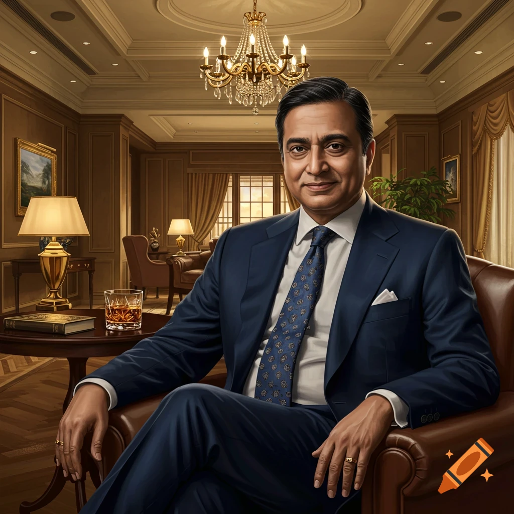 Photorealistic portrait of a man in a blue suit sitting in a leather chair in a luxurious room.