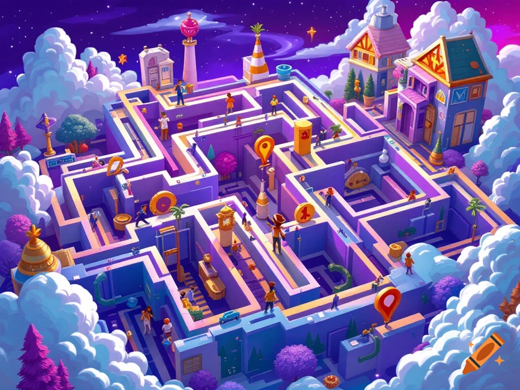 Whimsical colorful maze with small people exploring among clouds under a starry sky, illustration