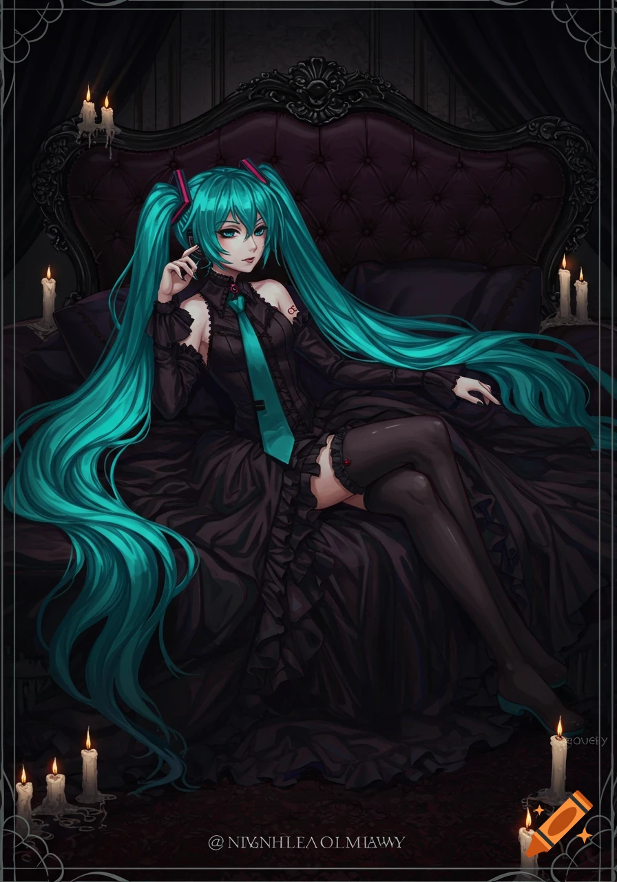Hatsune Miku in a black gothic dress reclines on a bed surrounded by candles in anime style.