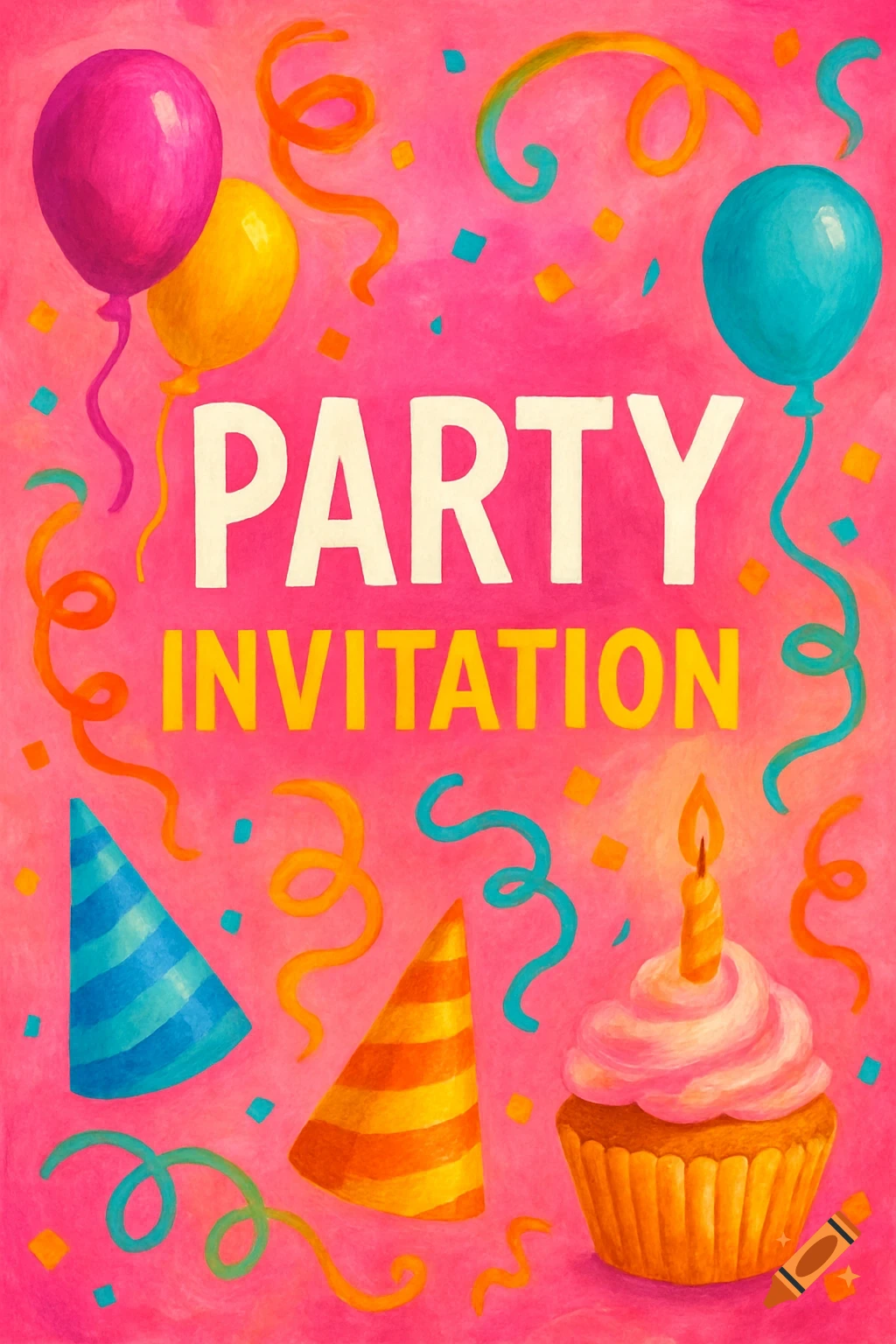 Illustration of party items like balloons, hats, streamers, and a cupcake with the text 'PARTY INVITATION' on a pink background.